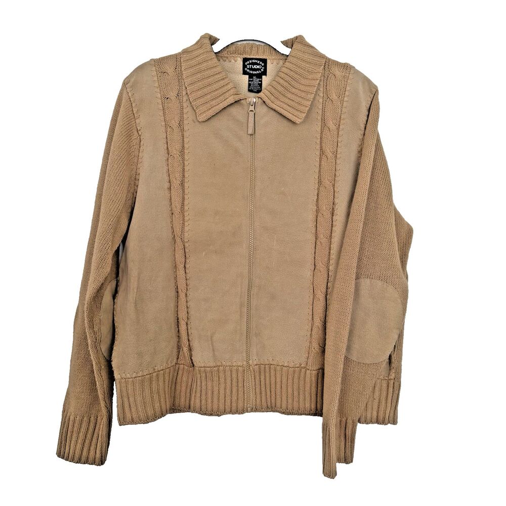 VTG Leather Suede Knit Sweater Jacket Sz XL Designers Originals Studio Zipper Up